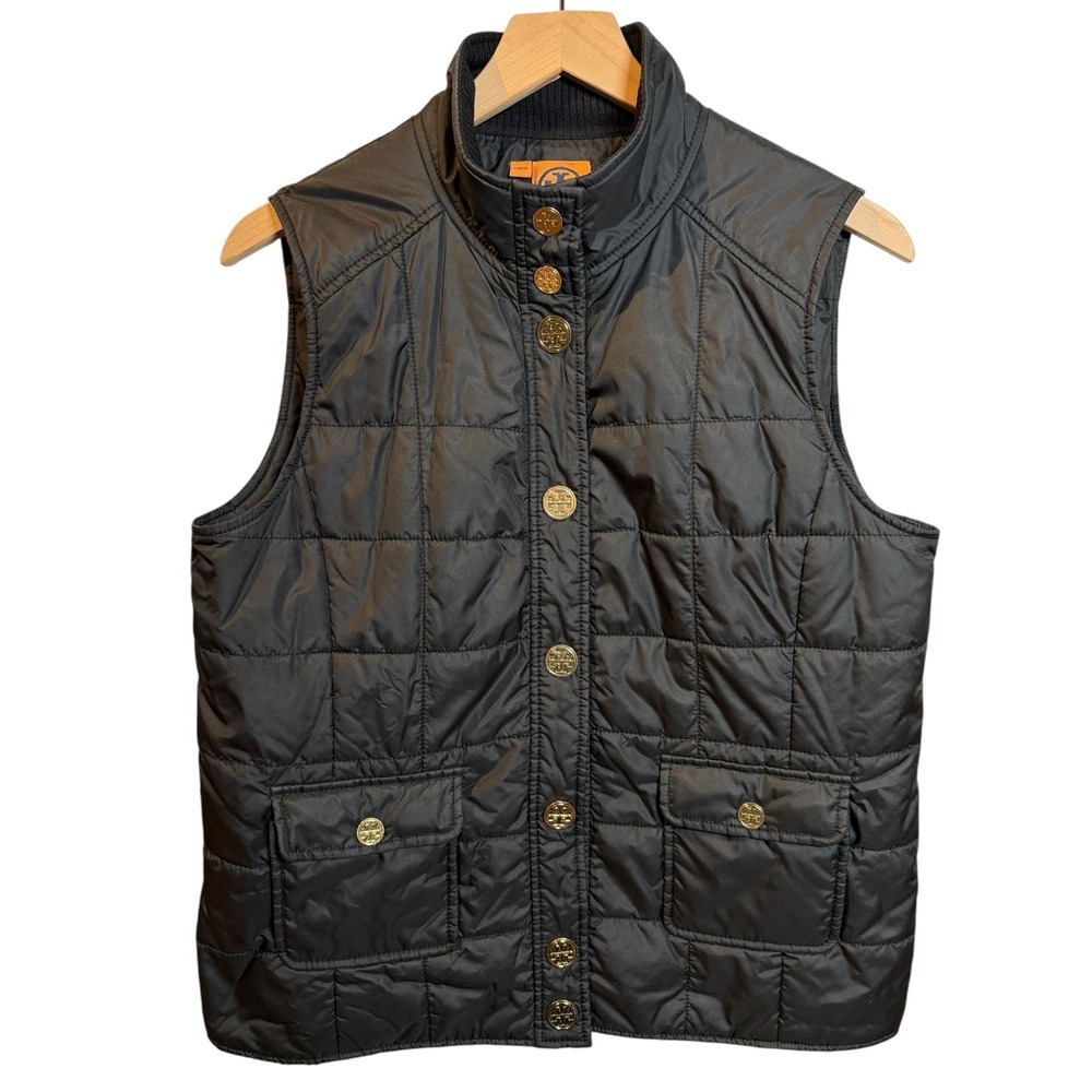 Tory Burch Black Quilted Puffer Vest Gold Logo Snap Button Preppy Luxury Large L - Picture 5 of 10